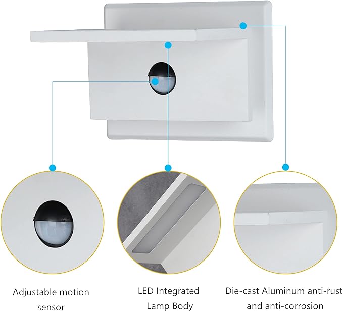 Lustrlach Motion Sensor Outdoor Wall Lights White for House Modern LED Exterior Light Fixture Waterproof Aluminum Wall Mount Lamp 10W,3000K