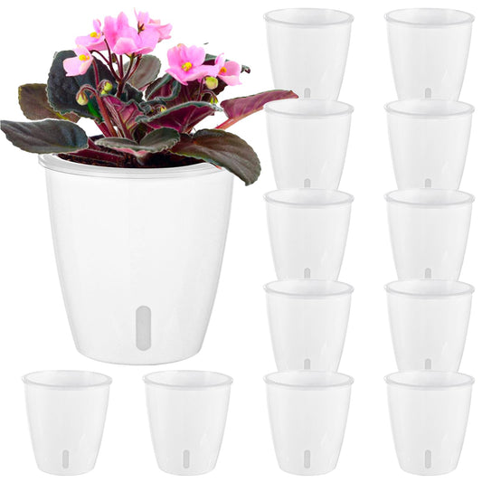 KvyusFlourish Self-Watering Pots for Indoor Plants, 12-Pack 5'' Self Watering Planter with Drainage Holes, Small African Violet Pots with Water Indicator, Clear Wick Pot, White