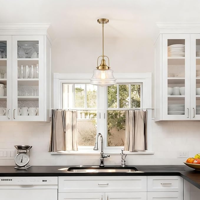 Modern Gold Kitchen Pendant Light Seeded Glass Shade-Rod Hanging Nautical Schoolhouse Dimmable Light for Dining Room Bathroom Hallway