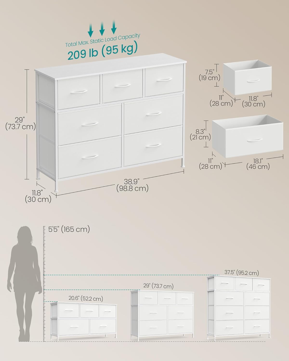 SONGMICS Dresser - Stylish Chest of Drawers with 7 Non-Woven Fabric Bins | Cloud White & Snow White