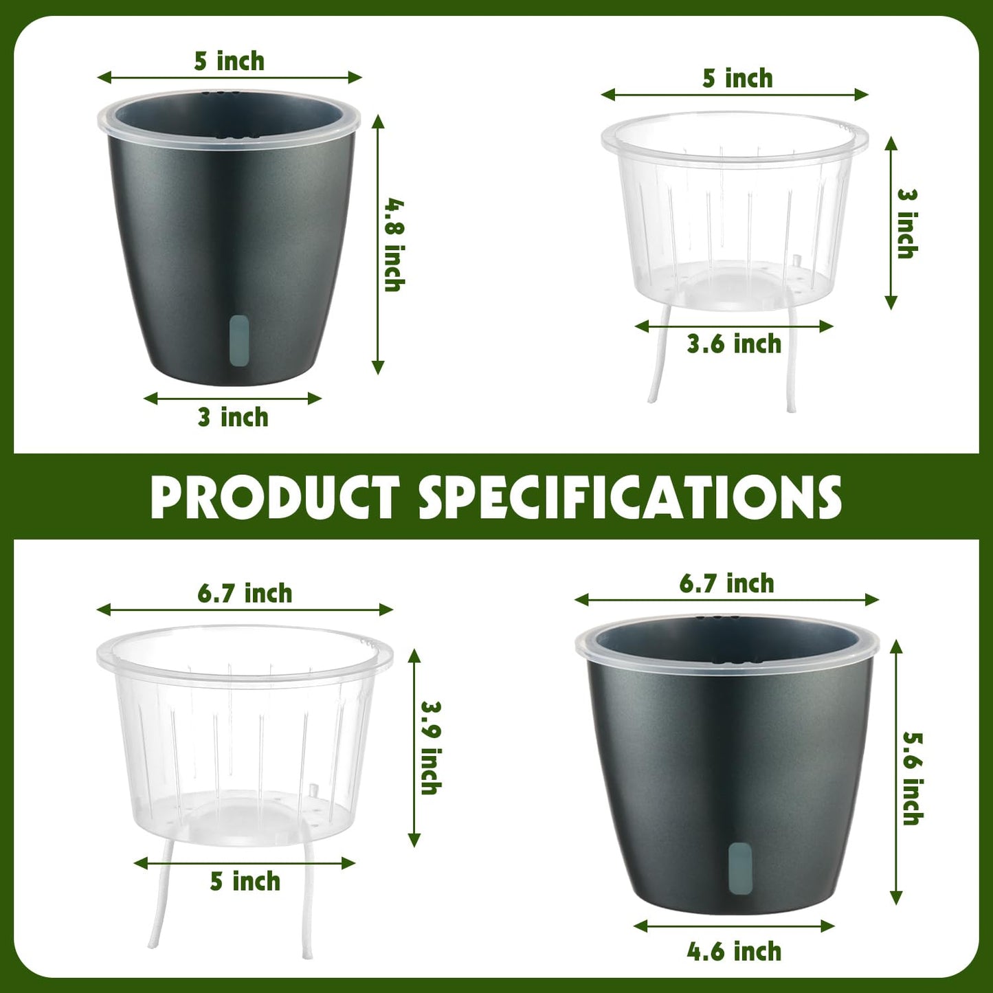 KvyusFlourish Self Watering Pots for Indoor Plants, 6-Pack 6.7'' Self Watering Planter with Drainage Holes, Small African Violet Pots with Water Indicator, Clear Wick Orchid Pot, Grey