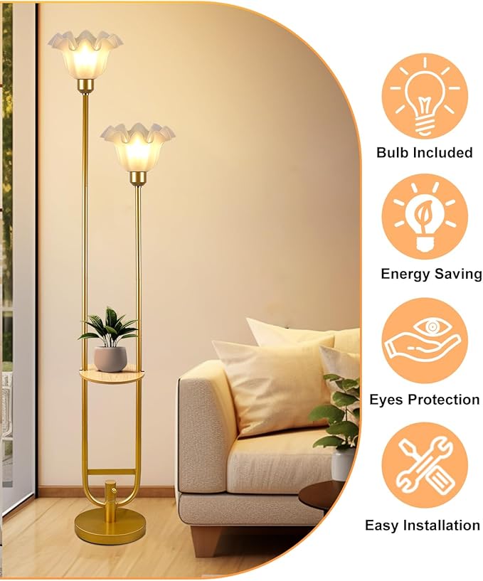 Lightdot Dimmable Flower Floor Lamp with Table for Living Room, Modern Mid Century Gold Metal Tall Standing Lamp for Bedroom/Sofa Beside/Corner Decor (Bulb Included)