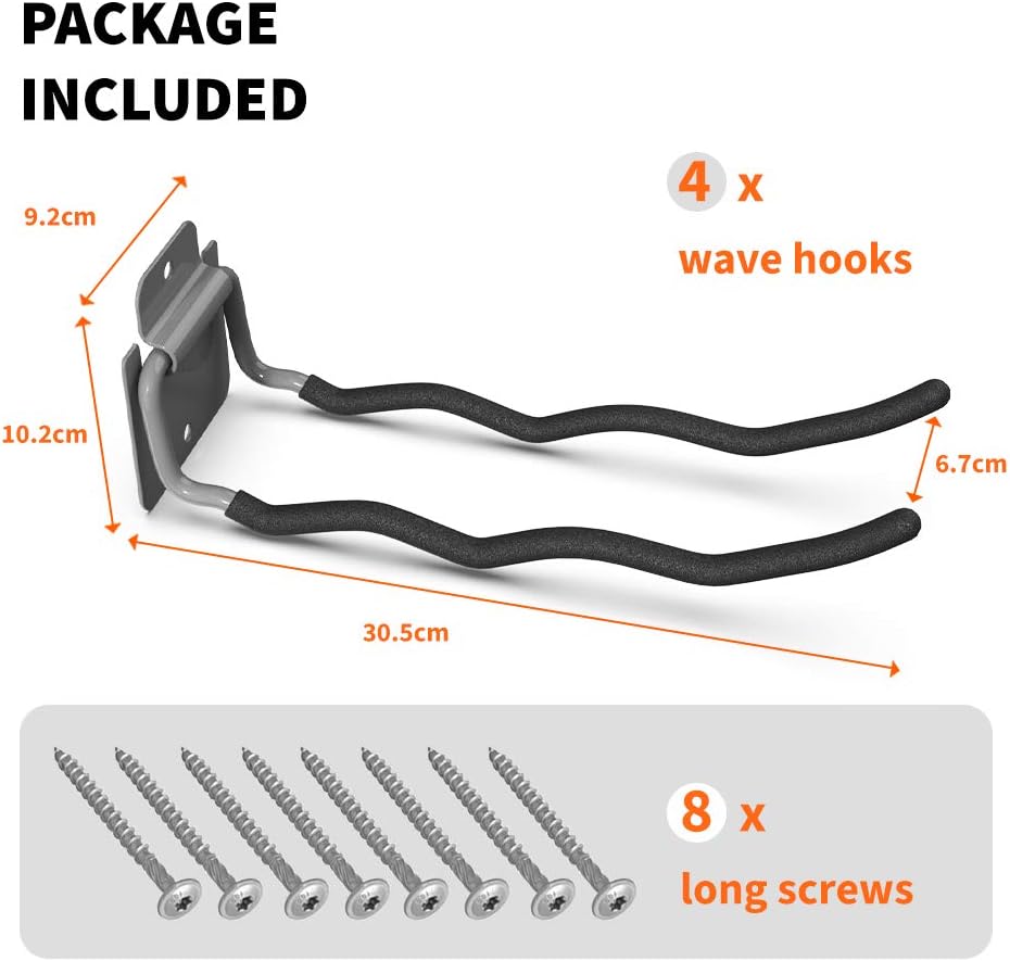TORACK Garage Hooks - Heavy Duty Steel 12" Wave Tool Organizer | 4 Pack Wall Mount Storage for Tires, Ladders & Tools