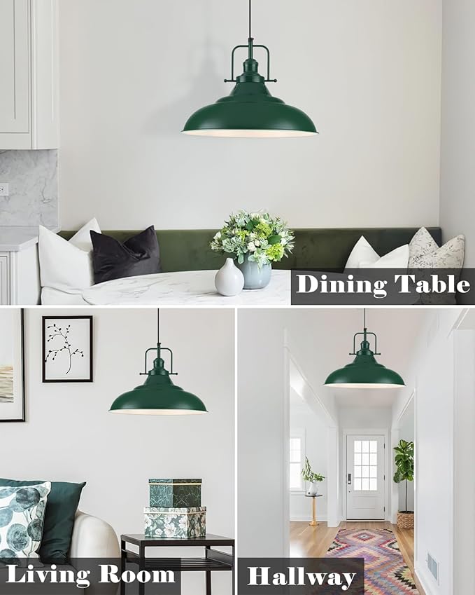 Green Pendant Light Kitchen Island, 16 Inch Large Pendant Lights, Industrial Pendant Lights, Vintage Farmhouse Pendant Light for Kitchen Island, Dining Room, Hallway (1 Pack)