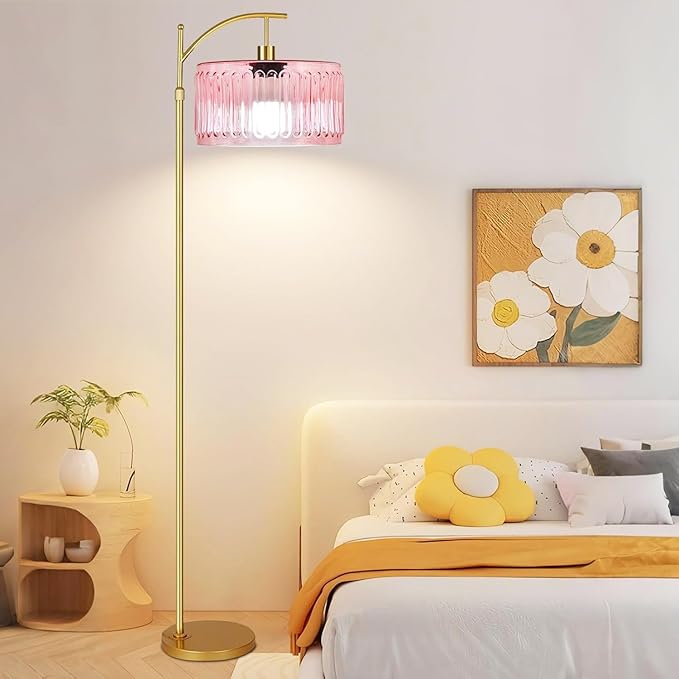 Pink Floor Lamp for Living Room,Bedroom,Gold Dimmable Standing Lamp with Remote,Mid Century Modern Brass Tall Lamp Boho Floor Lamps Arc Stained Glass Flower Floor Light Lamp Girls kids Bohemian
