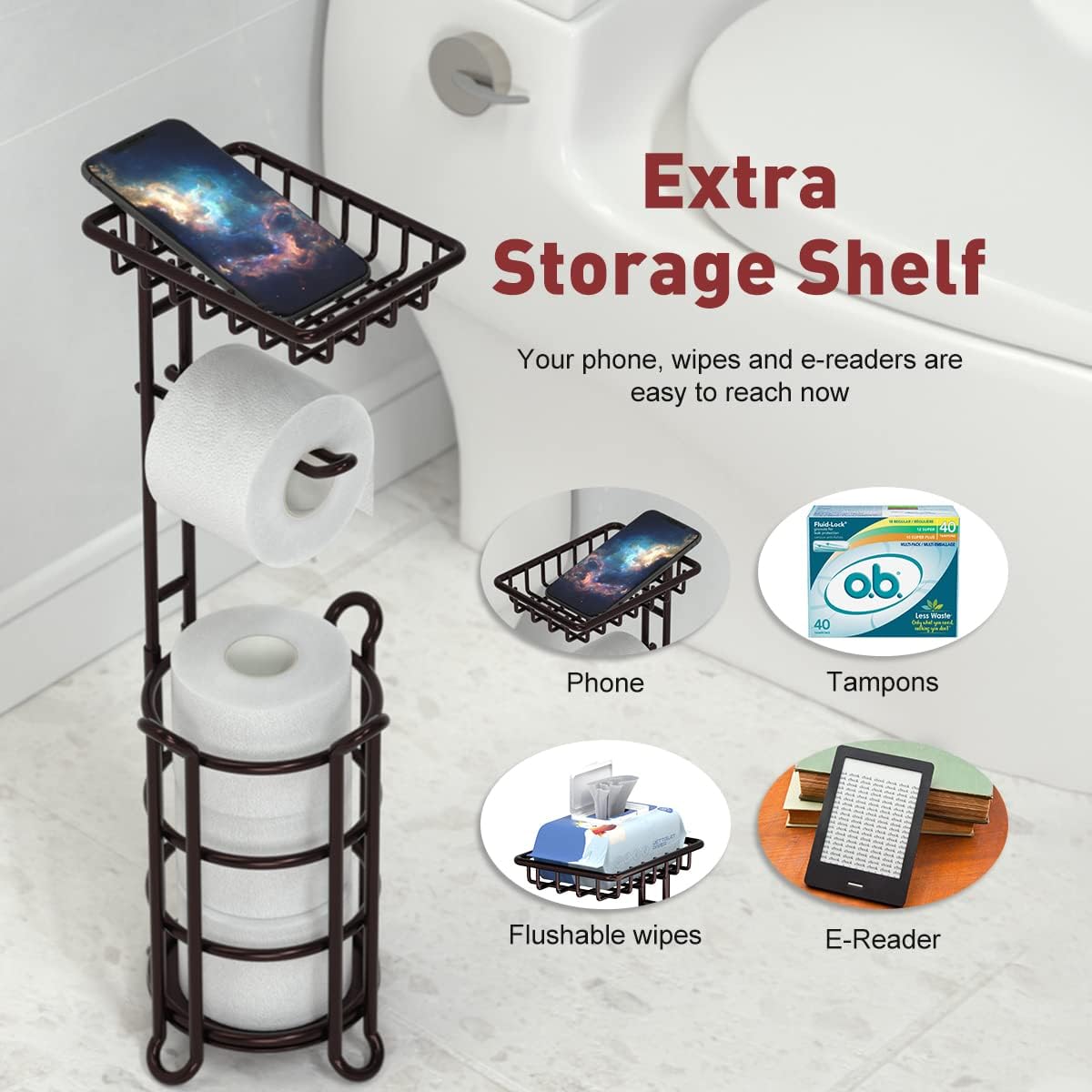 Regine Switzerland Toilet Paper Holder Stand - Stylish Tissue Roll Dispenser with Shelf for Mega Rolls - Bronze Finish