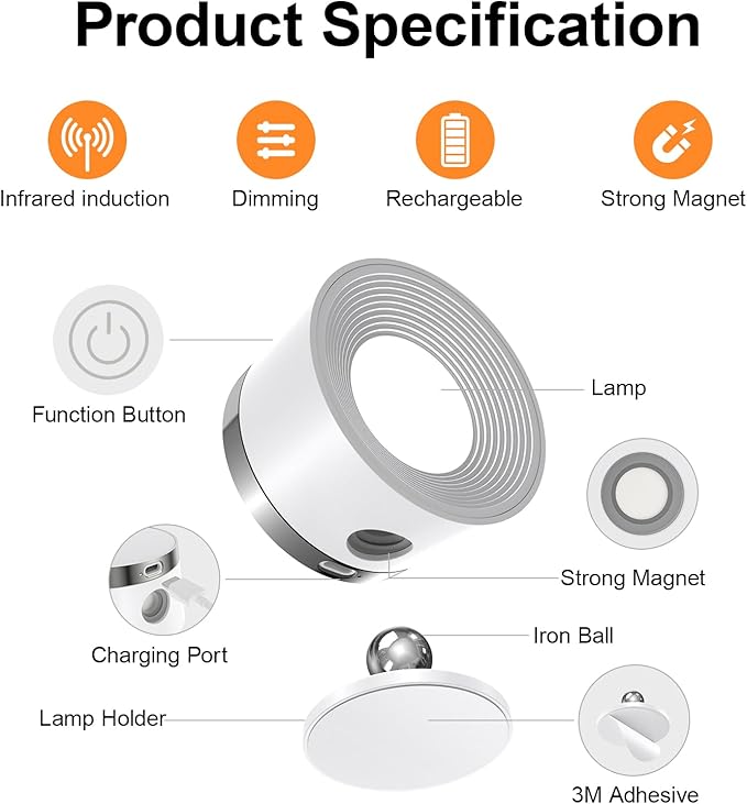Moobibear Motion Sensor Wall Light Indoor 2Pcs, 3500mAh Rechargeable Battery Operated LED Wall Light, Wall Lamp Wireless with 360 ° Rotation, 3 Color Temperatures for Bedroom, Study, Corridor, Picture