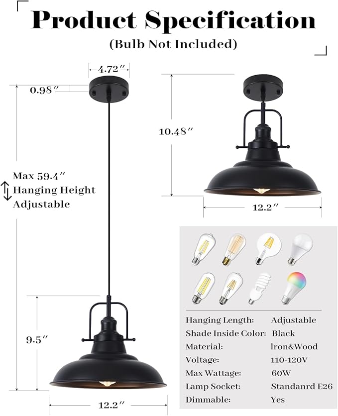 Industrial Pendant Lights 3 Packs, 12.2 Inch Black Pendant Lights Kitchen Island, Metal Pendant Lighting, Vintage Farmhouse Pendant Light for Kitchen, Living Room, Hallway