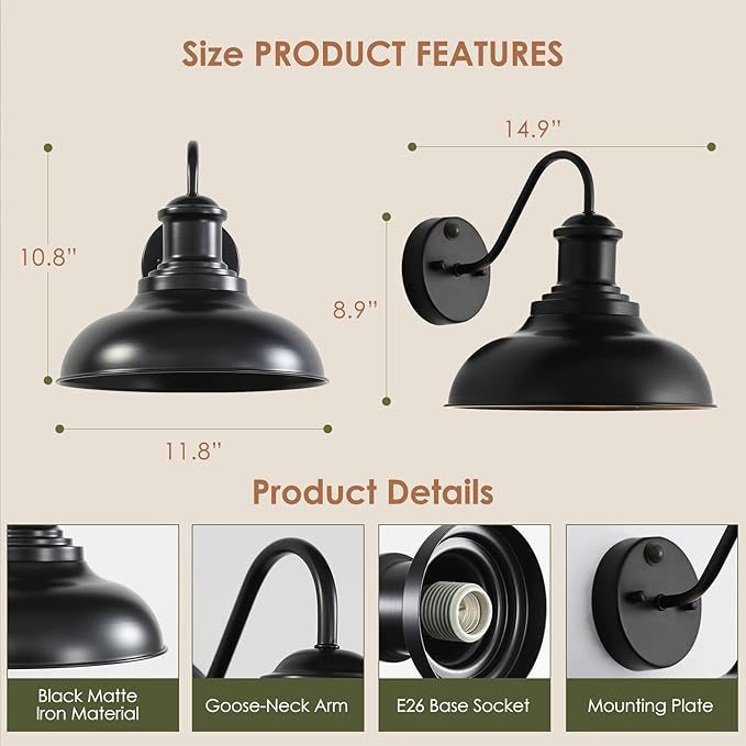 Motion Sensor Outdoor Lights,12“ Large Exterior Farmhouse Wall Mounted Lamp,E26 Barn Lights with Gooseneck,Vintage Matte Black Outside Sconce,Anti-Rust Waterproof Porch Light for House Garage
