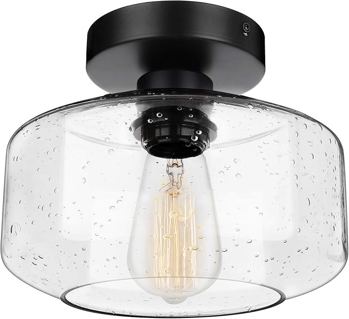 SunRider Industrial Semi-Flush Mount Ceiling Light Fixture, Modern Seeded Glass Pendant Lamp, Black Farmhouse Hanging Lighting for Bedroom Hallway