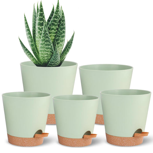 SE SUN-E Self Watering Planters for Outdoor Plants 7/6.5/6/5.5/5Inch 5Pack Flower Pot for House Plants Green Indoor Plastic Pots Plant Pots Succulent Pots with Drainage Hole and Deep Reservoir
