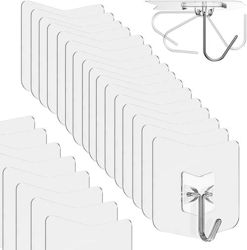 Heavy Duty Adhesive Hooks 24 Pack - No Drill Plastic Hangers Hold 15 lbs | Ideal for Bathroom, Kitchen & Bedroom