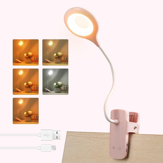 Desk Lamp LED Clip on Light, 5 Modes 5 Brightness Dimmable Clamp Light, Rechargeable Battery Flexible Clip on Reading Lamp for Bed Headboard Bunk Bed at Night for Kids (Pink)