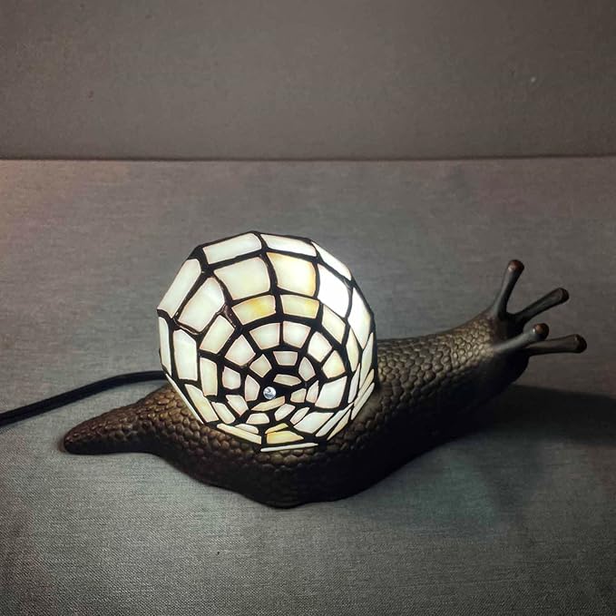 Bieye L10988 Land Snail Tiffany Style Stained Glass Accent Table Lamp for Home Decoration (White, 10" D x 5" W x 5" H)