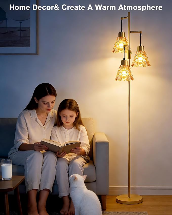 Glass Floor Lamps for Living Room, 67'' 3-Light Dimmable Floor Lamp with Brown Glass Shade& E12 Bulbs Included, Mid Century Standing Tall Lamp for Bedroom/Sofa Beside/Corner Decor-Gold