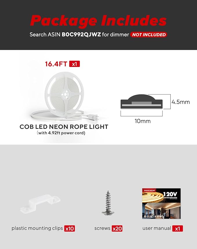 Shine Decor COB LED Rope Light AC 120V, 800lm Ultra Bright, IP65 Waterproof Cold-Resistant ETL Neon Strip, No Driver Tape Lighting for Home Commercial 10x4.5mm, Blue, 16.4ft