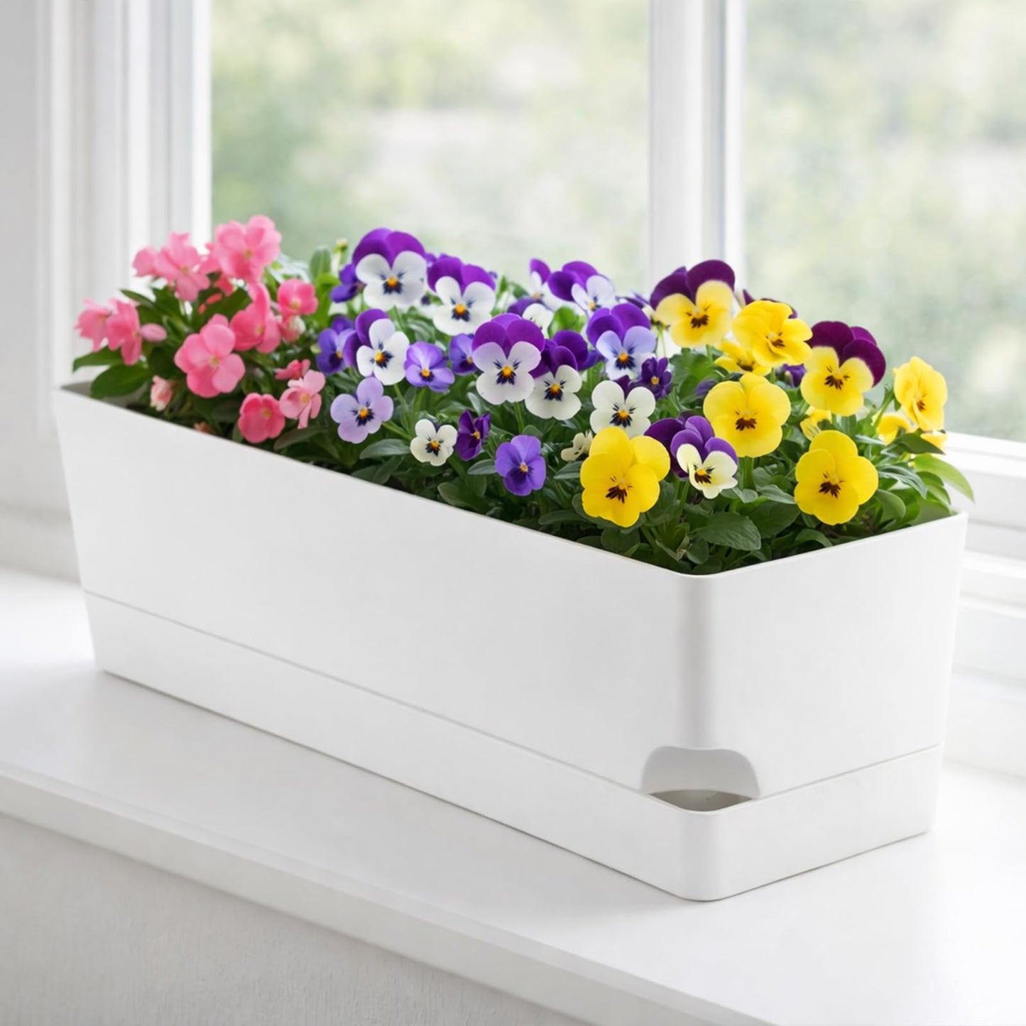Party Zealot Window Boxes Planters, 5 Pack Self Watering Pots for Indoor Plants 17 Inch Rectangular Planter Rectangle Flower Pots Long Plant Pot Large Window Sill Herb Planter Box, White