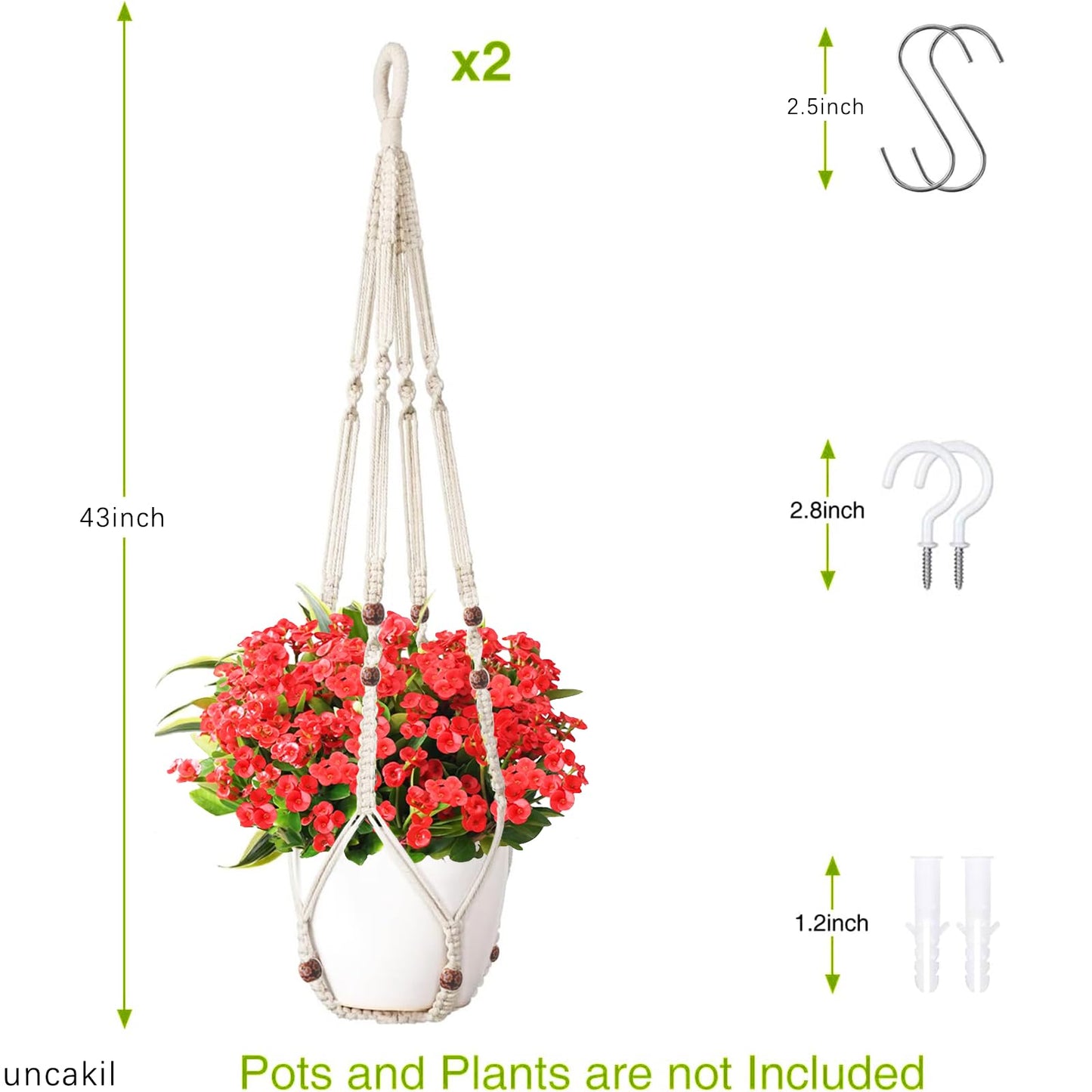 uncakil 43 Inch Macrame Plant Hanger Hanging Planters for Indoor Plants Plant Pots Hangers for Live Plants,Outdoor Garden Home and Boho Wall Home Ceiling Decor,Ivory,2 Sets(Planter Pot Not Included)