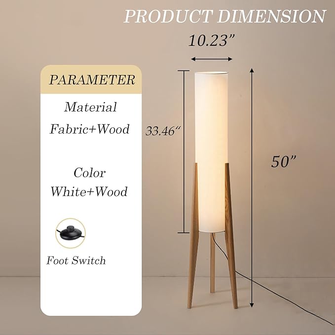 MIXL-Tripod Wooden Tall Floor Lamp,Fabric Drum Shade Corner Standing Lamp,Farmhouse Style Floor Light for Nursery and Study Room