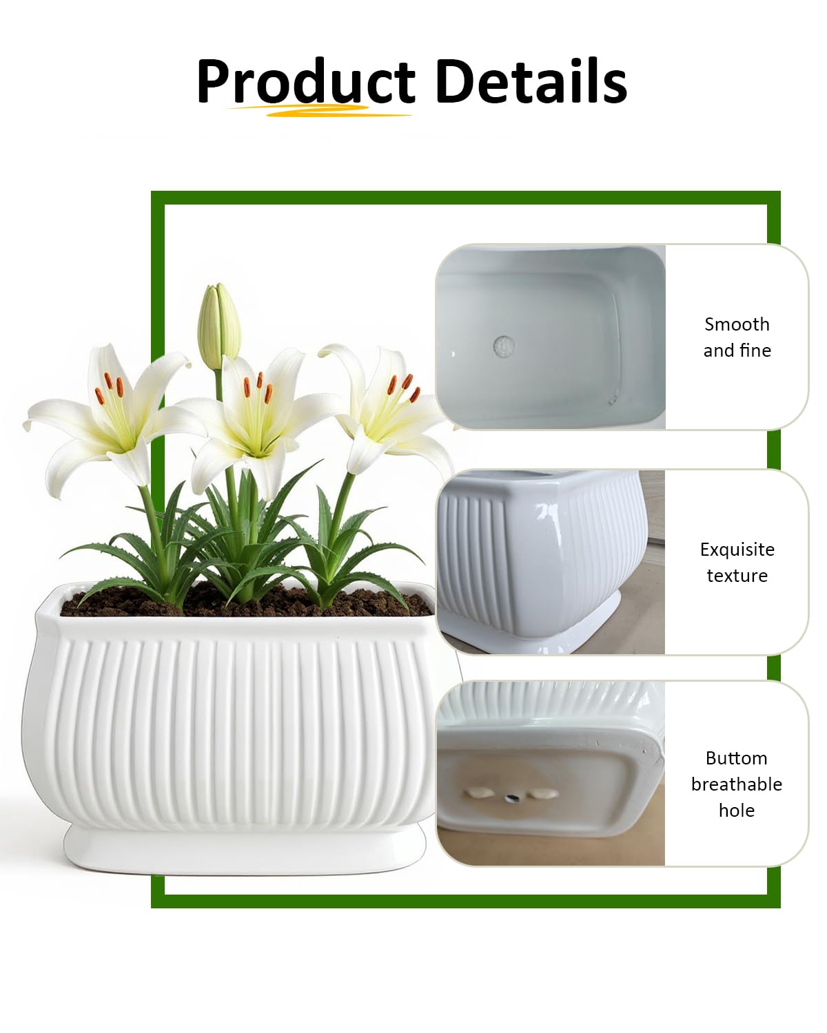OXART Ceramic Plant pots Indoor Pots Set with Drainage Holes, 11.8+9 inch Flower Pot Rectangle Planters Pots for Plants for Plants Lilies, Cacti, Succulents, and Pothos, No Trays (White-2)