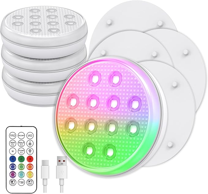 10 Pack Pool Lights, Submersible LED Lights with Remote, IP68 Waterproof 16 Color Rechargeable Floating Lights, Built-in Magnet Underwater Lighting for Inground Above Ground Pool Fountain