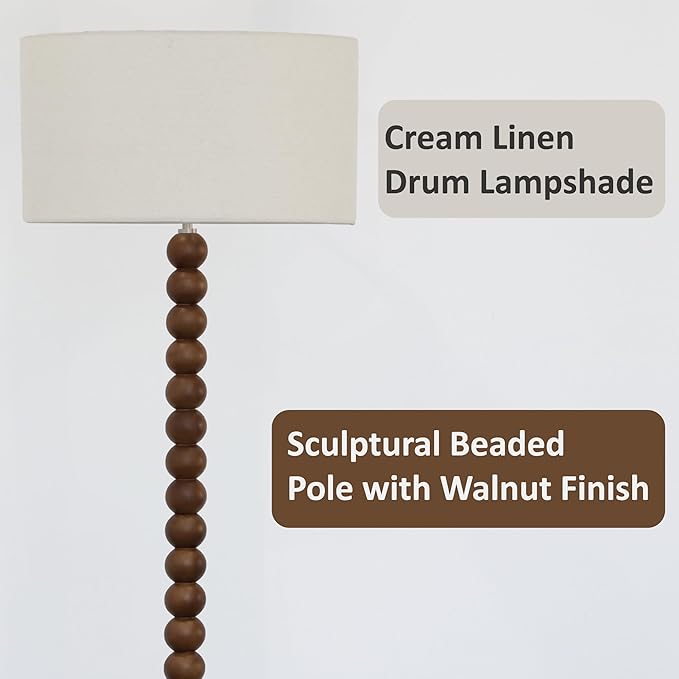Buruis 61" Beaded Wood Floor Lamp with 17.2" Large Linen Shade, UL Listed, Retro Mid-Century Accent Walnut Finish Standing Lamp for Living Room, Bedroom, Office, Corner, Cream