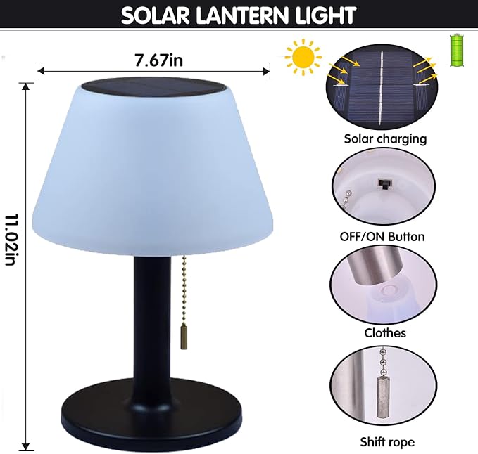 shumi Solar Table Lamp Outdoor Indoor - 3 Lighting Modes, Eye-Caring LED Cordless Waterproof Solar Desk Lamp with Pull Chain for Outside Patio Garden Bedroom Living Room (Modern Black Decor)