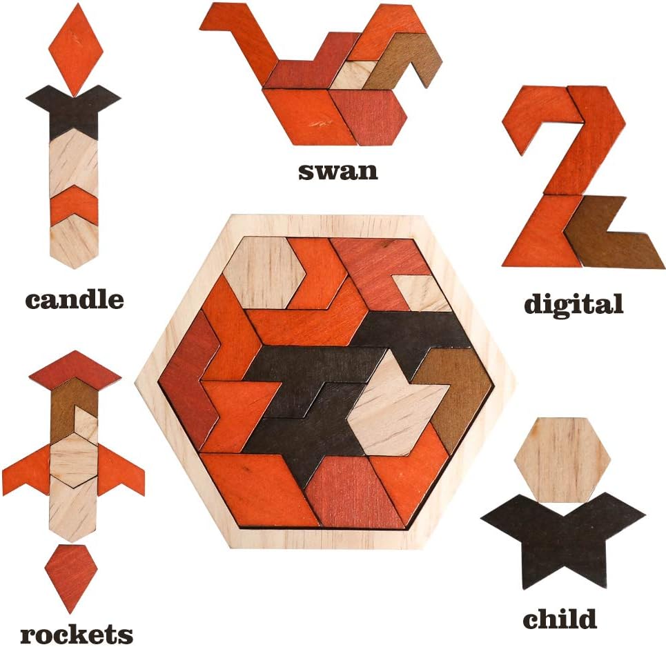 Skrtuan Wooden Hexagon Tangram Puzzle - Montessori Brain Teaser Game for Kids & Adults | Portable Educational Toy