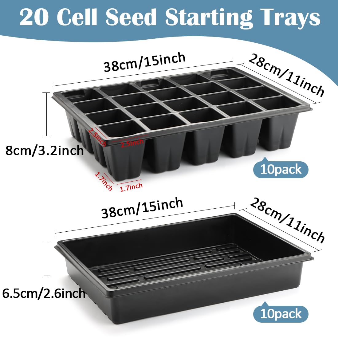 RooTrimmer 10 Pack 2.5 inch Square Pots 3.5 inch Deep 20 Cell Seedling Plug Trays with Water Collection Nursery Trays (15"x11"x3") for Seeds Starting and Transplanting