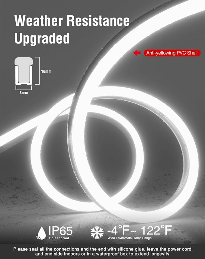 Shine Decor 50FT/15M LED Neon Rope Lights, Cool White AC 110V-120V Neon LED Strip Lights, Flexible Waterproof SMD2835 120LEDs/M Indoor Outdoor Ropes Lights, Bright Ambient Lighting Decoration