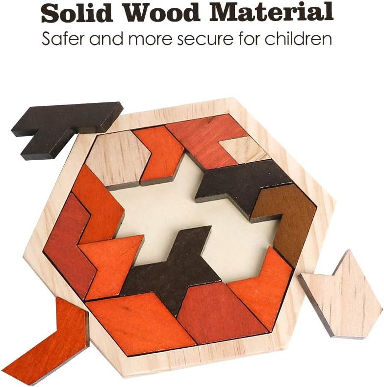 Skrtuan Wooden Hexagon Tangram Puzzle - Montessori Brain Teaser Game for Kids & Adults | Portable Educational Toy
