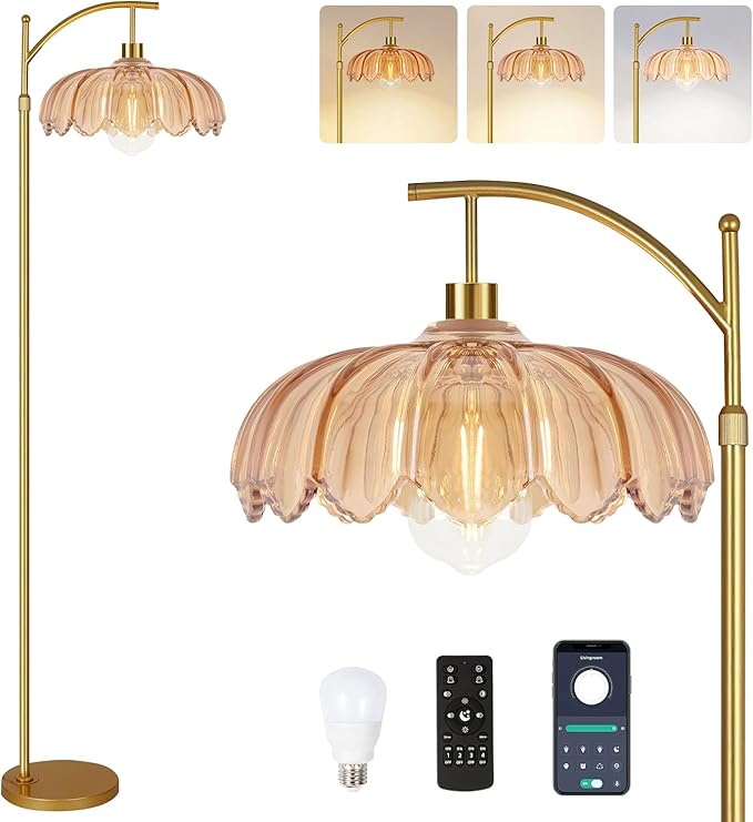 Glass Floor Lamp for Living Room,Bedroom,Gold Dimmable Standing Lamp with Remote,Mid Century Modern Brass Tall Lamp Boho Floor Lamps Arc Stained Flower Floor Light Lamp Bohemian