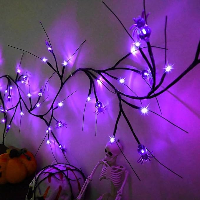 6FT Halloween Spider LED Willow Branch Lights, Artificial Willow Vine Light with 8 Lighting Modes, 18 Purple Spider Battery Operated for Mantle Wall Fireplace Decorations