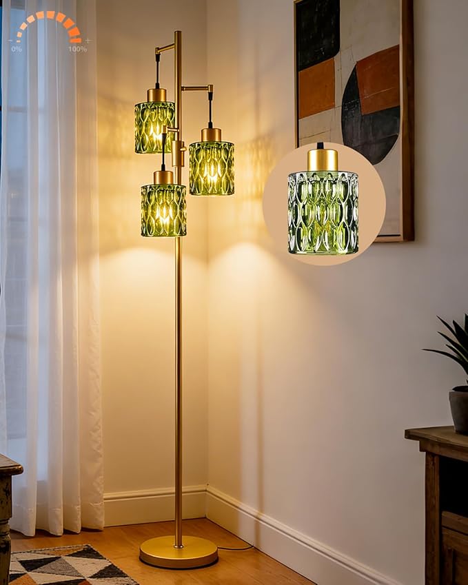 3-Light Floor Lamps for Living Room, Farmhouse Dimmable Gold Floor Lamp with Green Glass Shade& Bulbs Included, Mid Century Standing Tall Lamp for Bedroom/Sofa Beside/Corner