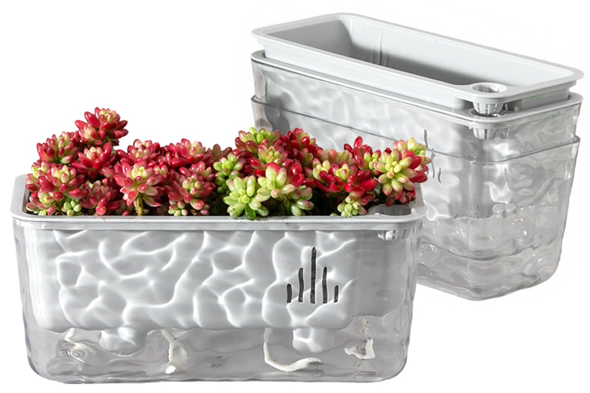Qimodo 3 Pack Self Watering Rectangular Plant Pots, 11" x 5"x 5" Plant Containers with Drainage Holes, Rectangle Houseplant Window Planters for Succulents, Flowers,Herbs,Vegetables (Grey)