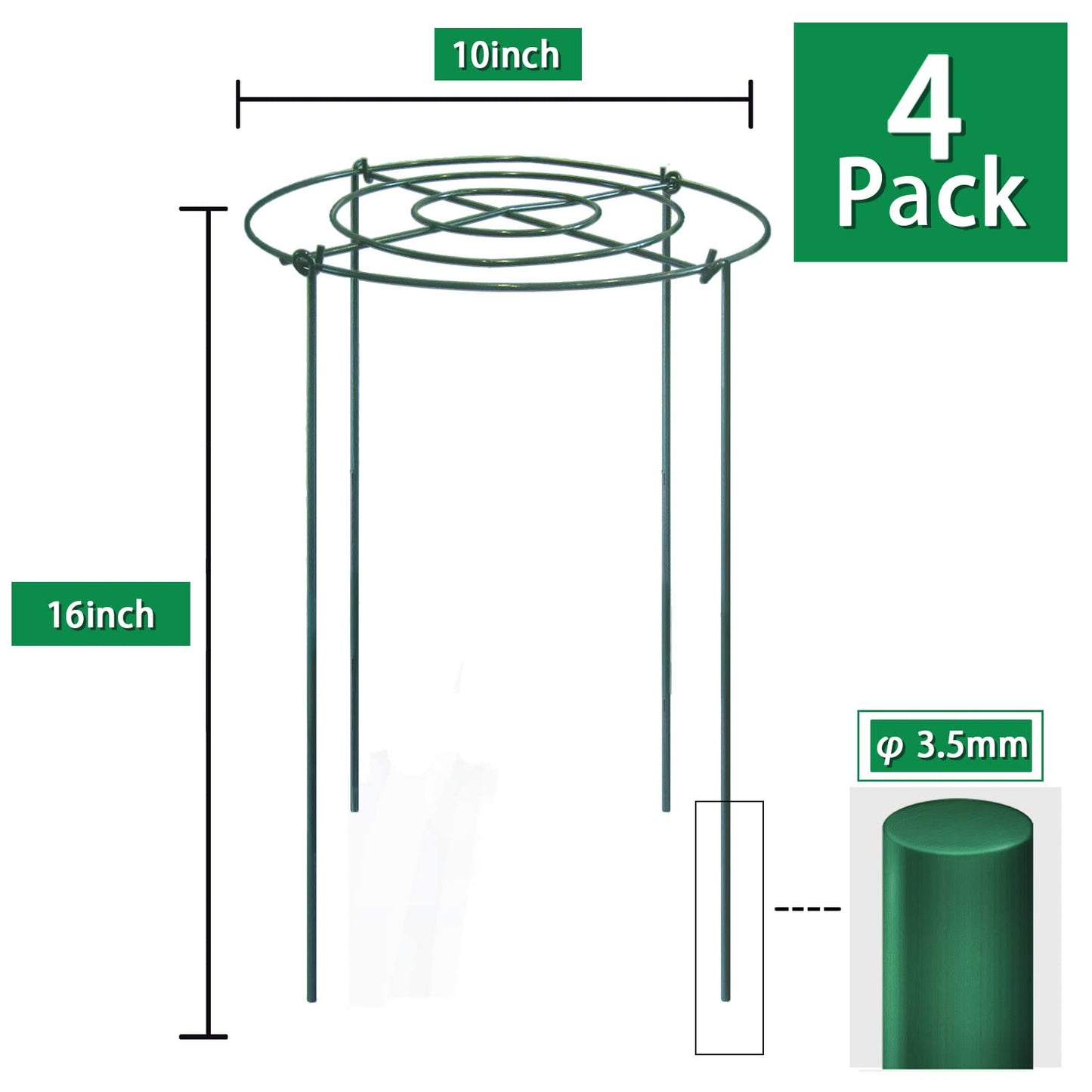 TCBWFY 4 Sets Peony Support Cage,10" Dia.x16 High Grow Through Hoops Grids with 4pcs Thickened 3.5mm Legs,Heavy Duty Metal Plant Support Brace,Flower Strong Support Ring for Heavy Blossoms