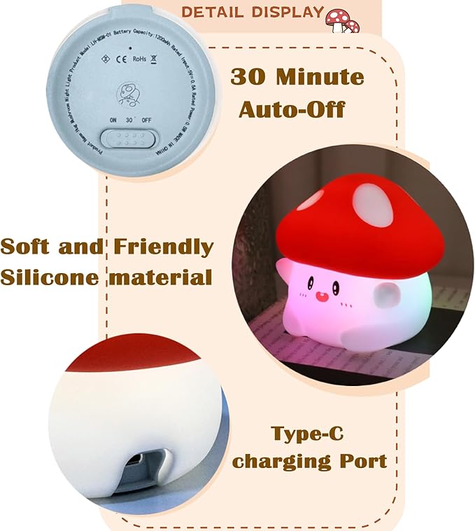 Mushroom Night Light with Squishy Soft Silicone, RGB Flashing Color, Dimmable Rechargeable Portable Touch Mushroom Gifts Decor for Girls Boys
