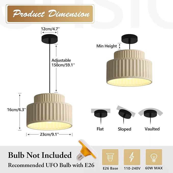 1-Light Nordic Modern Pendant Lighting Vintage Hanging Light Fixture Retro Colorful Single Pendant Lights Kitchen Island Light Ceiling Hanging over Island with Cream Yellow Resin Shade MPL33-W