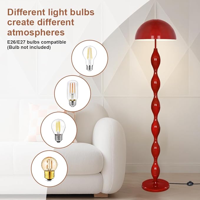 Unique Floor Lamp for Living Room,63" Creative Funky Red LED Mushroom Lamps,3 Colors Standing Light,Mid Century Modern Tall Floor Lamp with Iron Dome Shade for Bedroom,Office,Corner