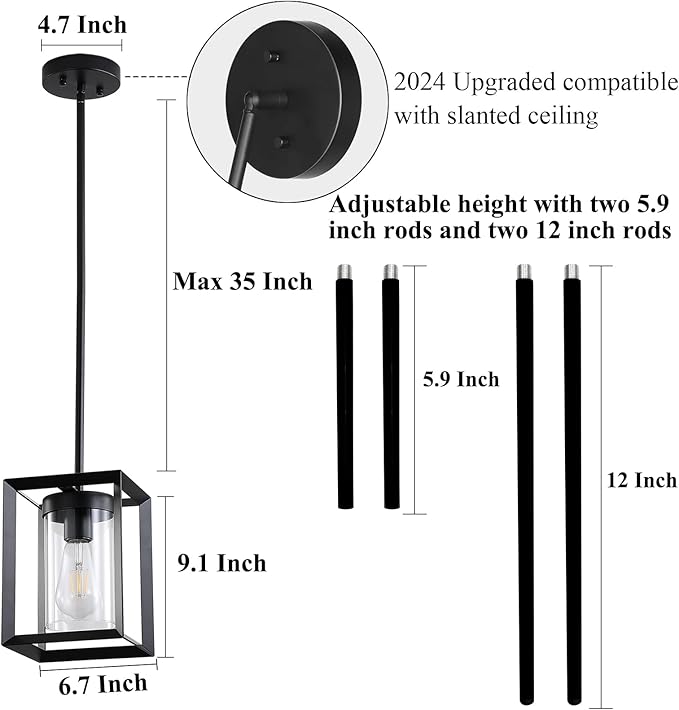 1 Pack Farmhouse Black Kitchen Island Pendant Light Fixture,Height Adjustable Metal Rod Hanging Modern Pendant Lighting with Metal Cage Clear Glass Shade for Entryway Bedroom