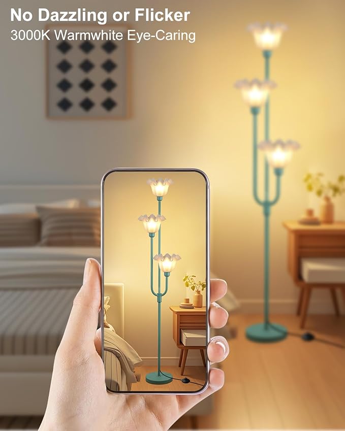 Lightdot Flower Floor Lamp 3-Lights Rustic Floor Lamps with 3000K Warm White Bulbs Included for Wedding Party Modern Tall Standing Lamp for Living Room/Bedroom/Sofa Beside/Corner Decor-Grey Green