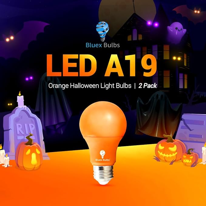 Bluex Bulbs 2 Pack Bluex LED A19 Orange Light Bulb - 9W (50Watt Equivalent) - E26 Base LED Orange Bulb, Party Decoration, Porch, Home Lighting, Holiday Lighting, Decorative Illumination