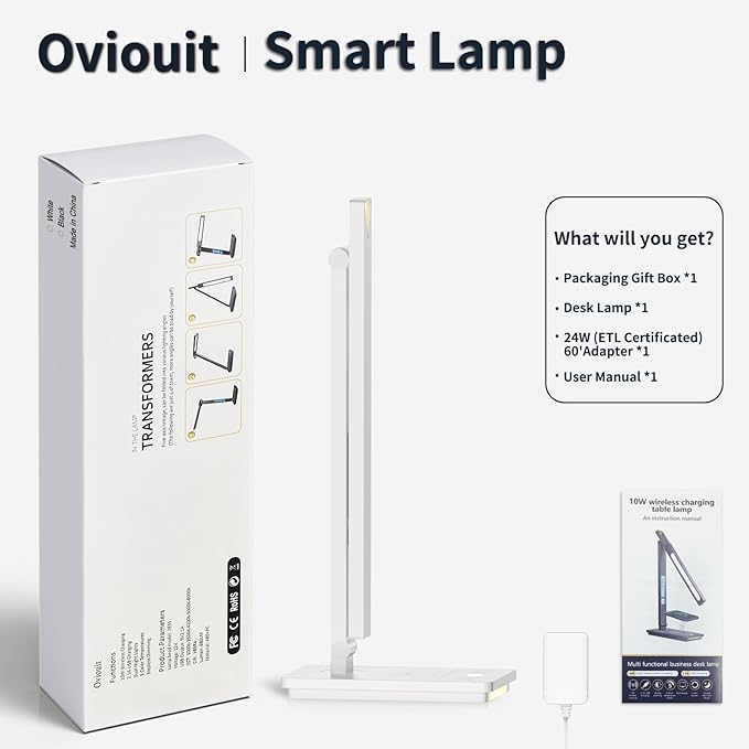 10 in 1 Smart Desk Lamp Led, Desk Light for Colleage Drom Room Office, Eye-Caring Table Lamp with Night Light, Lamp for Desk with 10W Wireless Charger, Dimmable Touch Lamp, Birthday Gifts for Women