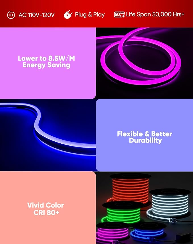 Shine Decor LED RGB Neon Rope Lights AC 120V, Expandable & Cuttable Bright Strip Lighting with Remote, Dimmable Color Changing, ETL Cold-Resistant & IP65 Waterproof for in&Outdoor, 10x20mm, 65.6FT