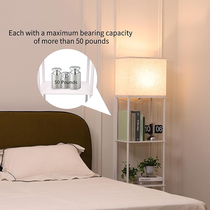 Floor Lamp with Shelves, Large Size Rectangle Standing Lamp with 3 Color Temperature Bulb, Corner Display Bookshelf Lamp for Living Room, Bedroom and Office（White-9W）