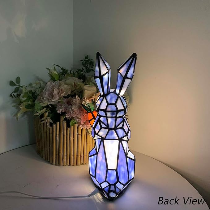Bieye L10885 Rabbit Holds Carrot Tiffany Style Stained Glass Accent Table Lamp for Home Decor (Blue)