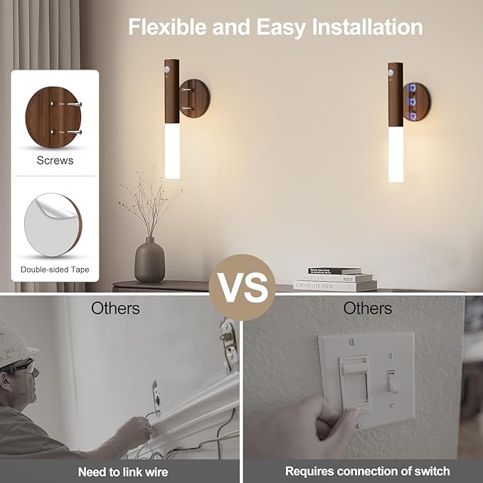 Battery Operated Wall Sconce Set of 2 - Rechargeable Motion Sensor Night Lights, 2200mAh Wireless Wall Lights Sconce, Magnetic Portable Hallway Light for Kitchen Stair Cabinet, 3000K