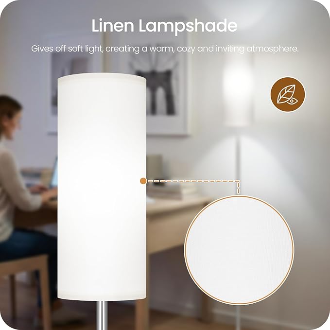 Dimmable Floor Lamps for Living Room with Remote and Foot Switch, 64.4” Modern Standing Tall Lamp, Corner Lamp for Bedroom, Office, Bulb Included, 3000K-6500K, White and Silver, FCC Listed SCW06LD05W1