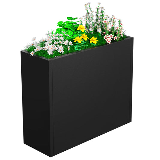POOAMY Metal Planter, 30L x 10W x 24H, Heavy Duty Tall Planters for Outdoor Plants, Black Planters with Removable Insert Shelf, Large Planters with Drainage Holes for Porch, Patio and Yard, Black