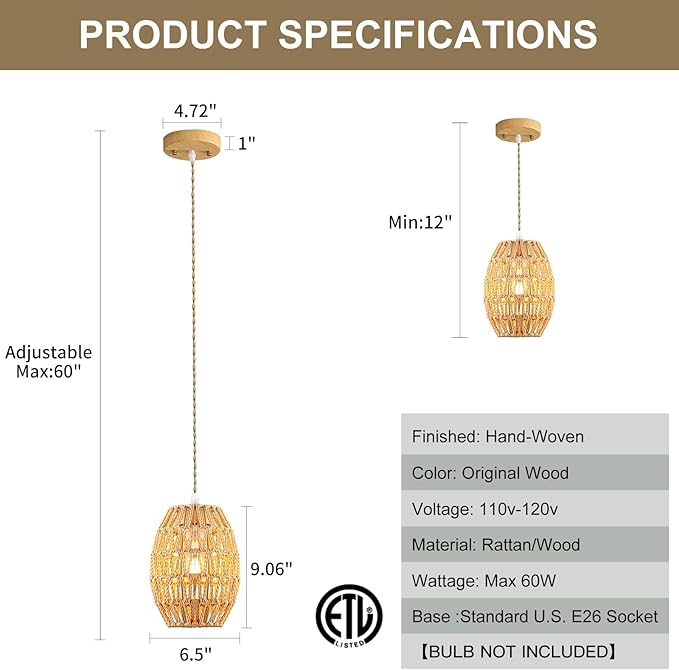 1-Light Rattan Pendant Light, Boho Chandelier Light Fixture, Small Wicker Light Fixture, Wicker Chandelier, for Bedroom Kitchen Island, ETL Listed
